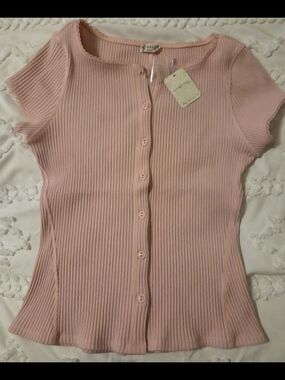 Free People Pink Ribbed Short-Sleeve Button-Front Top